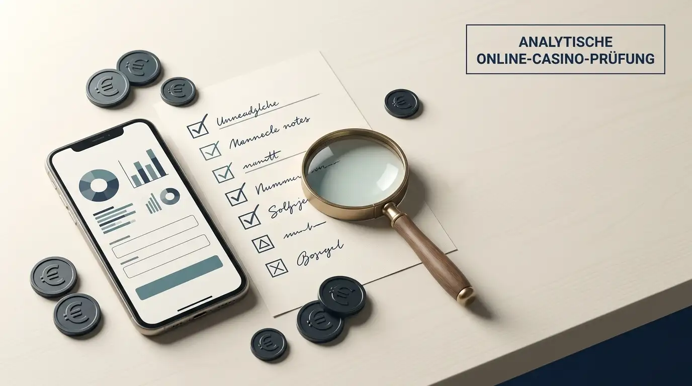 Editoriale Illustration eines analytischen Casino-Checks mit Smartphone, Checkliste und Euro-Symbolen