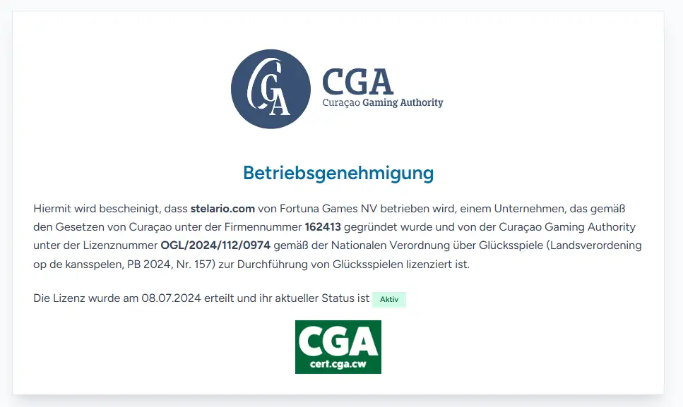 Aufnahme des offiziellen Curaçao Gaming Authority Lizenznachweises für stelario.com