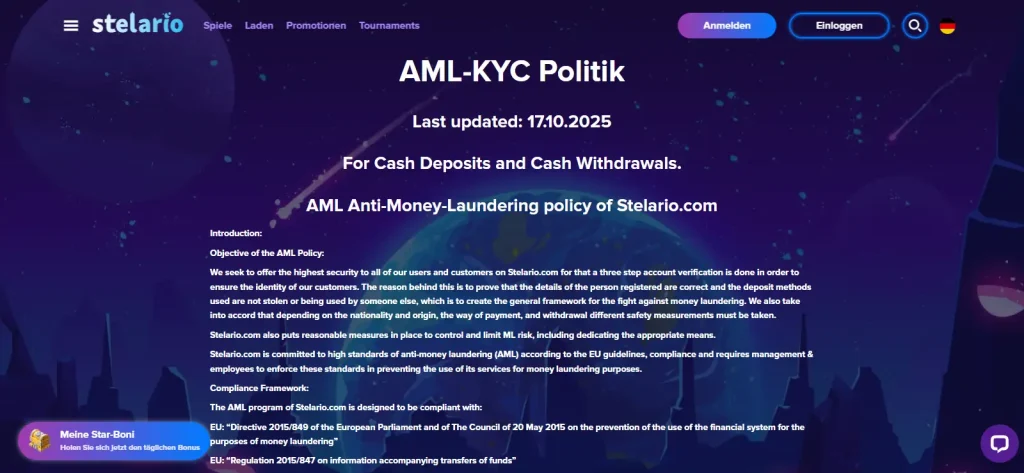Aktuellen Stelario-KYC- oder Verifizierungsbildschirms