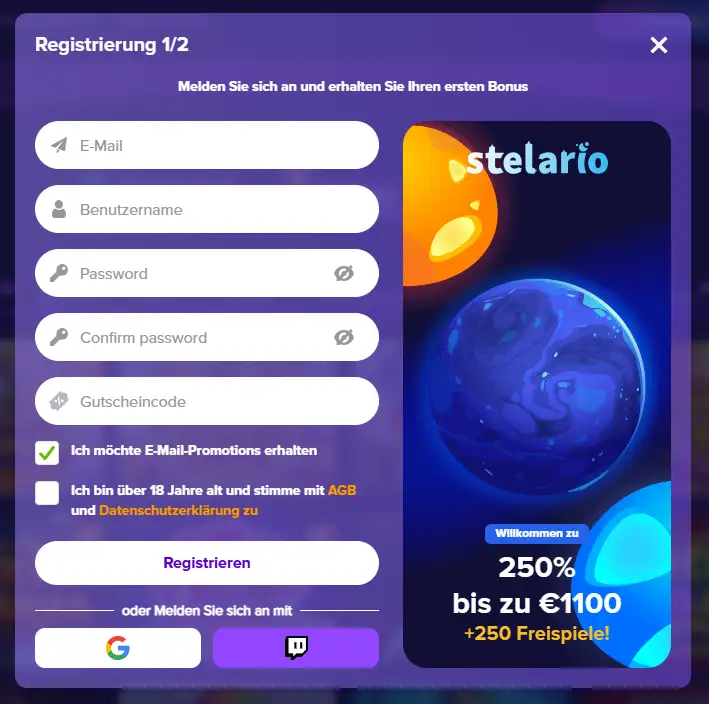 Aktuellen Stelario-Registrierungsmaske