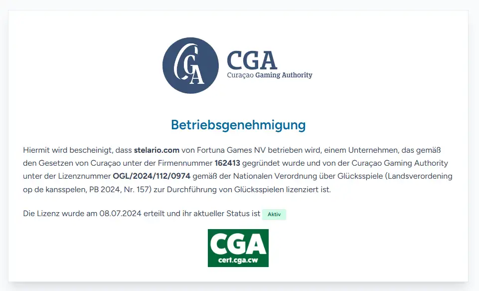 Offiziellen Curaçao-Gaming-Authority-Zertifikats für stelario.com und Fortuna Games N.V.