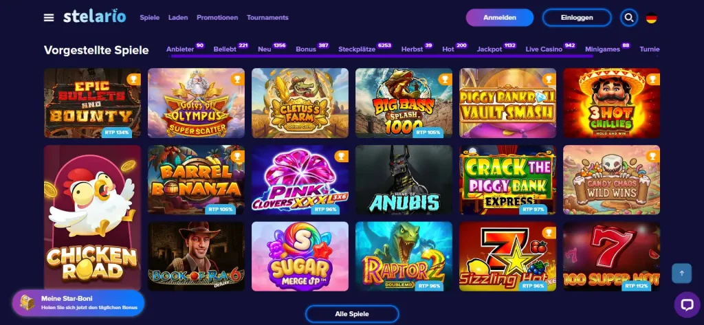 Aktuellen Stelario Spielelobby mit Kategorien oder Provideransicht