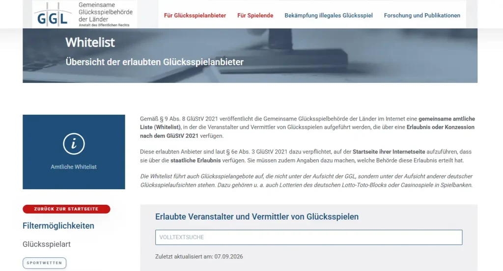 Amtlichen GGL-Whitelist mit sichtbarem Aktualisierungsstand