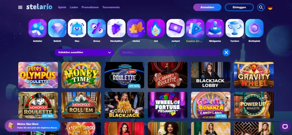 Aktuellen Stelario Live-Casino-Lobby mit sichtbaren Live-Kategorien und Providerangaben